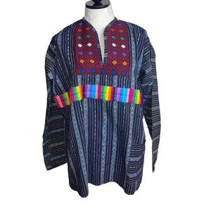 Vintage Womens Tunic Shirt  Size Large Blue Multicolor Pure Woven Cotton Striped